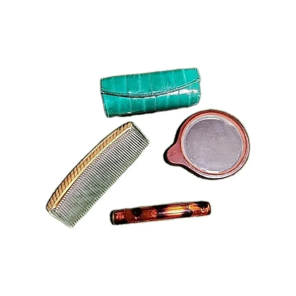 Vintage Purse Essentials Comb EEL Leather Lipstick Case Wood Framed Mirror Barre